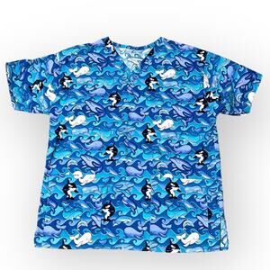 BANANA SCRUBS Blue Whale Scrub Top LARGE Medical Pediatric Ocean Cute Unisex